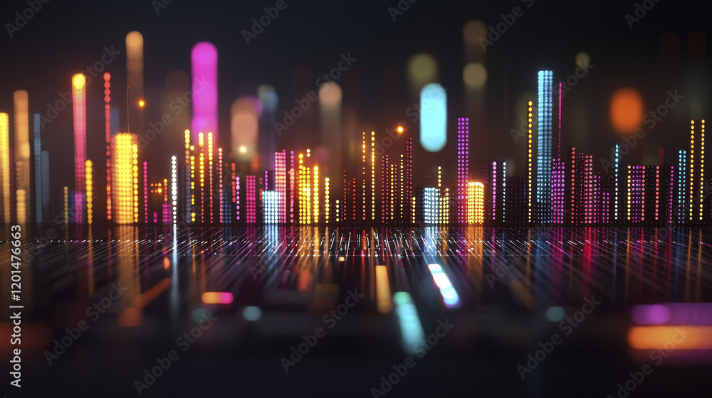 Poster colorful glowing equalizer bars create vibrant visual display of sound