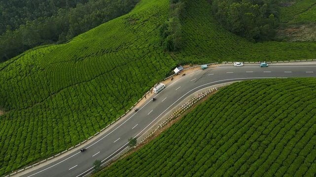Aerial Drone Shot of Munnar's Majestic Tea Gardens Against the Backdrop of Mist-Covered Mountains