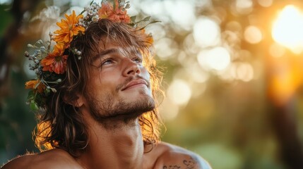 A contemplative young man with a floral crown, gazing thoughtfully into the distance, radiating a profound connection to nature and evoking feelings of hope and inspiration.