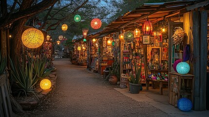 Naklejka premium Night market with colorful lanterns, handcrafted goods, and plants.