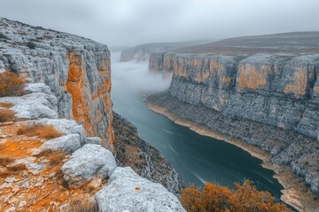 Misty Canyon River Landscape with Dramatic Cliffs and Cloudy Sky