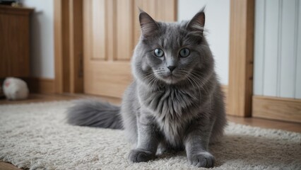 Blue british longhair cat in the living room