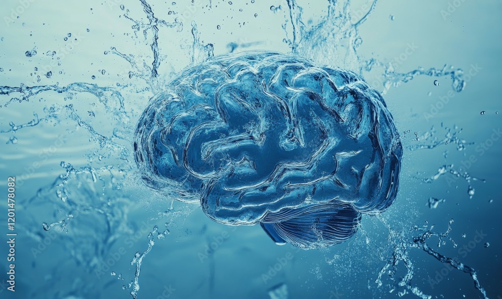 Poster brain is shown in a blue color with water splashing around it. concept of fluidity and movement, as 