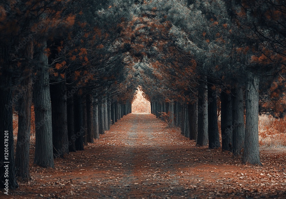 Poster serene autumnal path through a tunnel of trees.