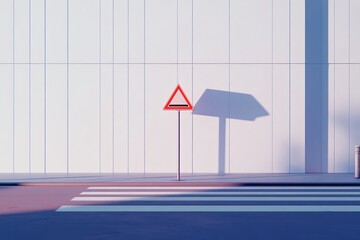 Fototapeta premium Minimalist Cityscape Red Triangle Sign and Crosswalk