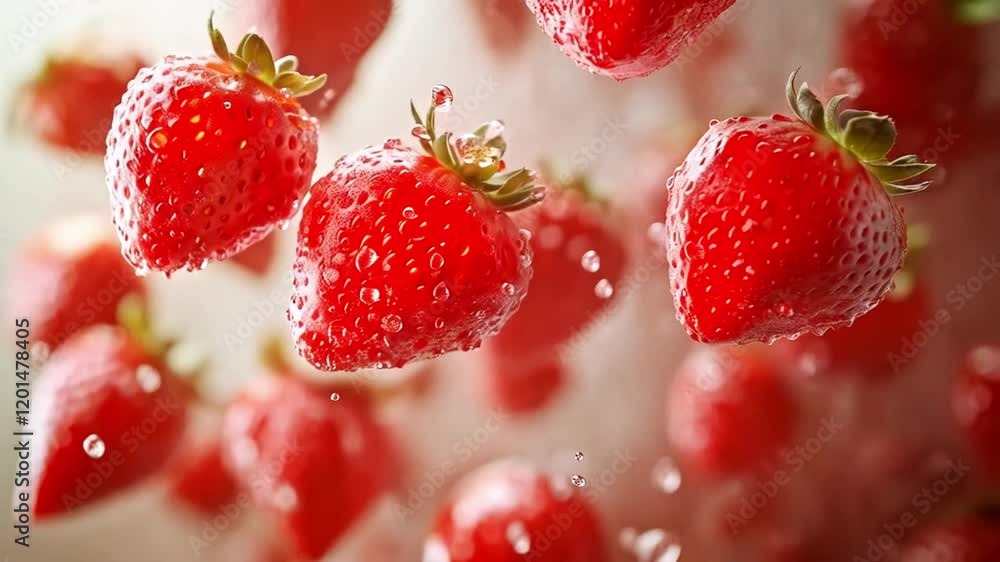 Poster fresh strawberries suspended mid-air with water droplets cascading around them, creating a vibrant a