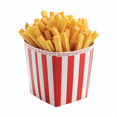 abstract 3d crispy French fries in striped container or red bucket isolated on white background
