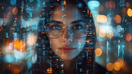 Woman with glasses, digital overlay, futuristic city background.