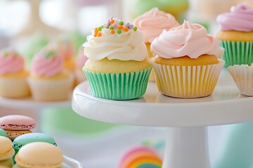Delicious and colorful cupcakes with frosting and sprinkles on a display stand, perfect for celebrations.