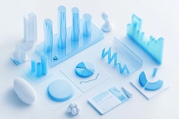 Professional financial data visualization with 3d graphs and charts on a clean white background
