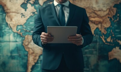Businessman holding tablet on digital world map background