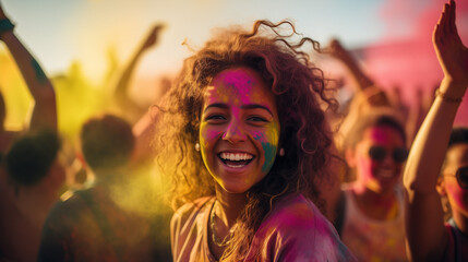 Joyful Indian Woman Celebrating Holi Festival with Vibrant Colors