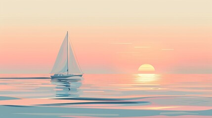 A serene sunset scene featuring a sailboat gliding across calm waters.
