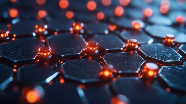 Hexagonal molecular network with glowing red nodes. Generative AI