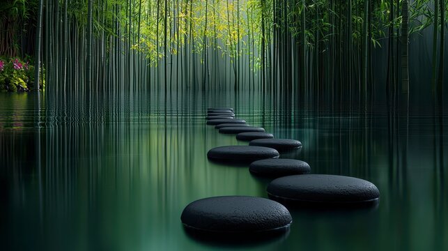 Serene path of stepping stones across calm water in a bamboo forest.