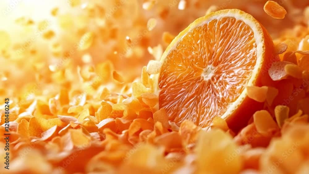 Poster A bright orange slice rests amidst a scattering of soft yellow petals, creating a visually striking contrast. The warm tones evoke a feeling of freshness, highlighting nature's beauty and vibrancy.