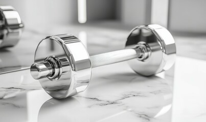 Classic chrome dumbbell ready for strength training in home gym setting