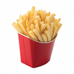 abstract 3d crispy French fries in striped container or red bucket isolated on white background