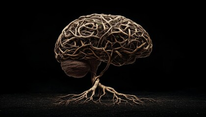 A brain crafted from roots and branches symbolizing nature s link to mental wellness on dark canvas