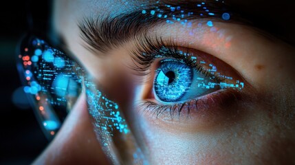 Woman's eye with digital data overlay.