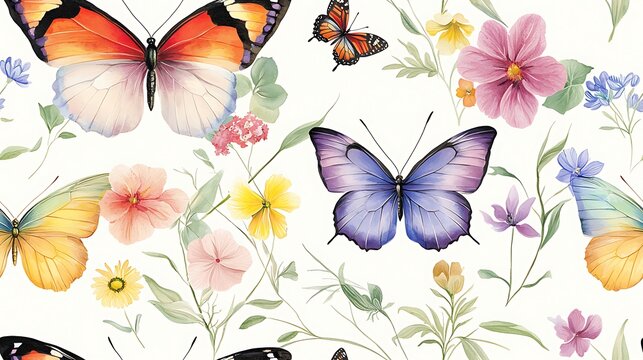 Colorful butterflies and flowers pattern; nature, spring, garden; textile, wallpaper design