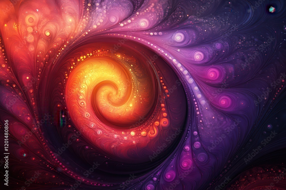Poster stunning fractal patterns with glowing multicolored swirls and spirals, showcasing intricate designs