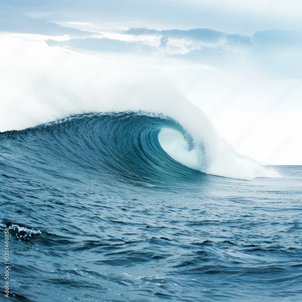 Poster powerful ocean wave curling and creating a tube on a cloudy day