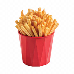 abstract 3d crispy French fries in striped container or red bucket isolated on white background