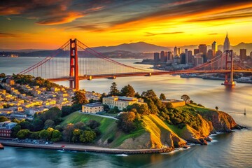 Obraz premium San Francisco Panoramic Cityscape Wallpaper - Golden Gate Bridge, Alcatraz, Bay Area Skyline