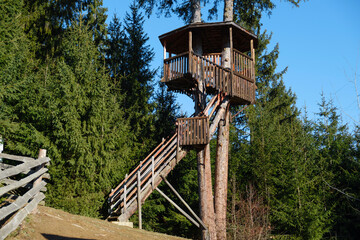 Tree house. House in the forest. Mountain view. Forest. Mountain landscape. Height. Atmosphere. Wooden house. Stairs to the house