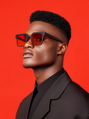 Fototapeta premium Stylish man posing in sunglasses against a red background