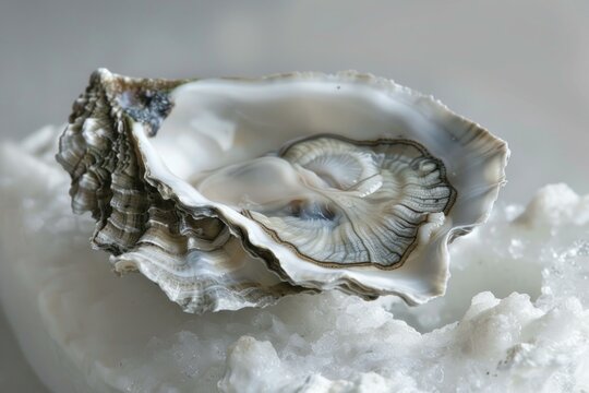 Open oyster shell on a bed of crushed ice, showing its texture and freshness