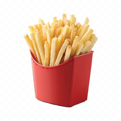 abstract 3d crispy French fries in striped container or red bucket isolated on white background