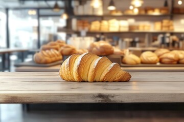 Freshly Baked Croissant on Wooden Table with Bakery Background and Soft Coffee Aroma Creating a Warm and Inviting Atmosphere