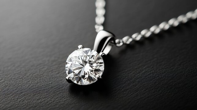 Elegant solitaire diamond pendant necklace on black background.