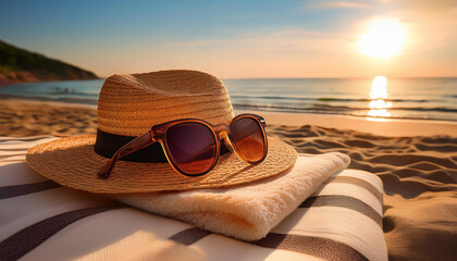 Una puesta de sol en el mar con una toalla, unas gafas de sol y un sombrero sobre la arena en primer plano
