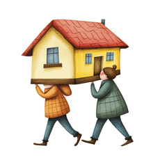 Isolated Couple Carrying a House in Cartoon Style