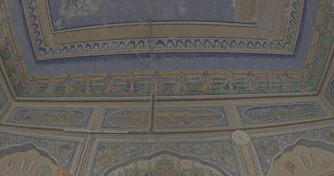 View on Frescoes Decoration On Wall Of Hanuman Temple In Jaipur, India. Ungraded C LOG 2 Sita And Rama with Sun and Moon. Life Story Of Rama, Sita Allegorically Discusses Duties, Rights And Social
