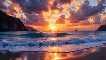 Fototapeta premium Beautiful sunset over ocean with waves and boats in the background