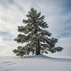 A single snow-covered pine tree on a white plain.