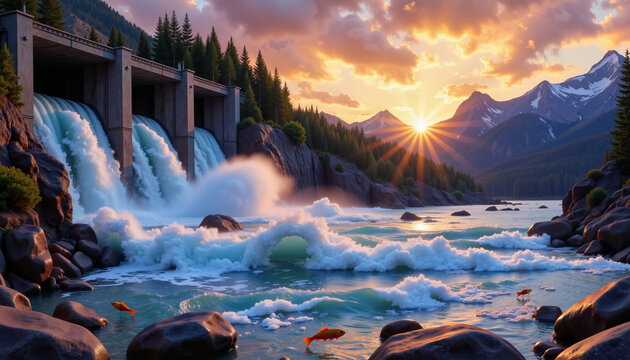 Waterfall cascading over dam with sunset backdrop