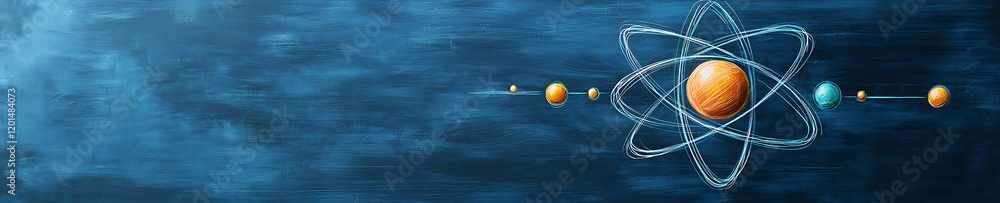 Poster a blackboard with a drawn and labeled atomic structure with electron orbits