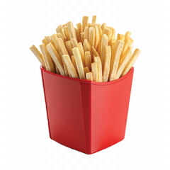 abstract 3d crispy French fries in striped container or red bucket isolated on white background