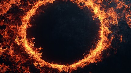 Dynamic swirling flames in a circular frame isolated on dark background artistic visual concept