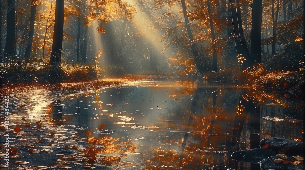 Poster A path in the forest in autumn crossed by rays of light. Reflections in the water. Dense forest.