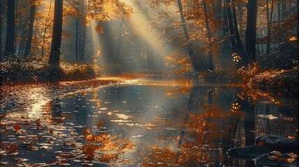 Naklejka premium A path in the forest in autumn crossed by rays of light. Reflections in the water. Dense forest.