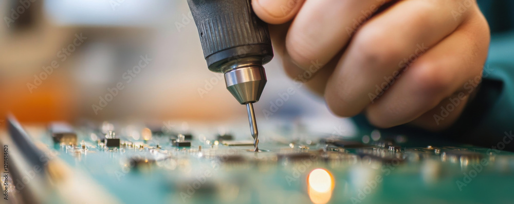 Poster technician drilling into circuit board with precision and focus, showcasing intricate work involved 