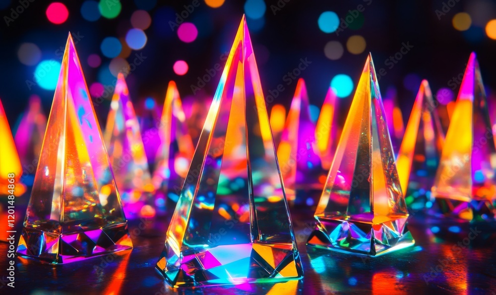 Poster bstract light refraction and prism reflections creating vivid, colorful shapes and patterns on a dar
