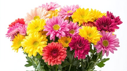 Vibrant and Colorful Bouquet of Various Chrysanthemum Flowers Displaying Bright Shades of Pink, Yellow, Orange, and Purple Against a Clean White Background for Floral Designs