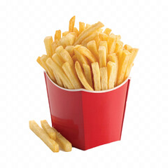 abstract 3d crispy French fries in striped container or red bucket isolated on white background